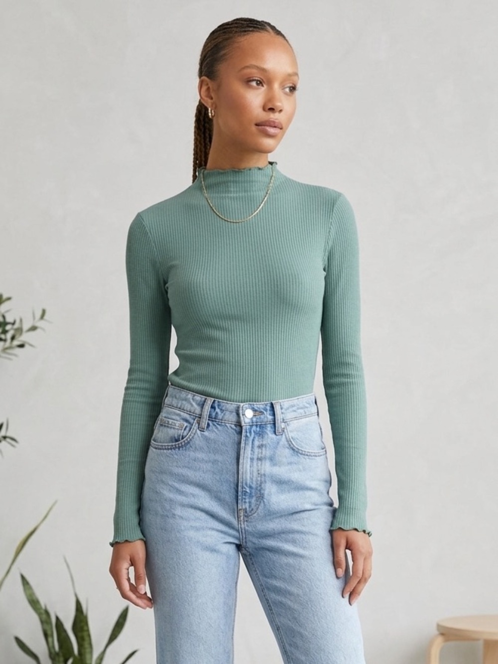 Topshop Sage Green Ribbed Mock Neck Top Size 2 Layering Minimalist Cozy Fall